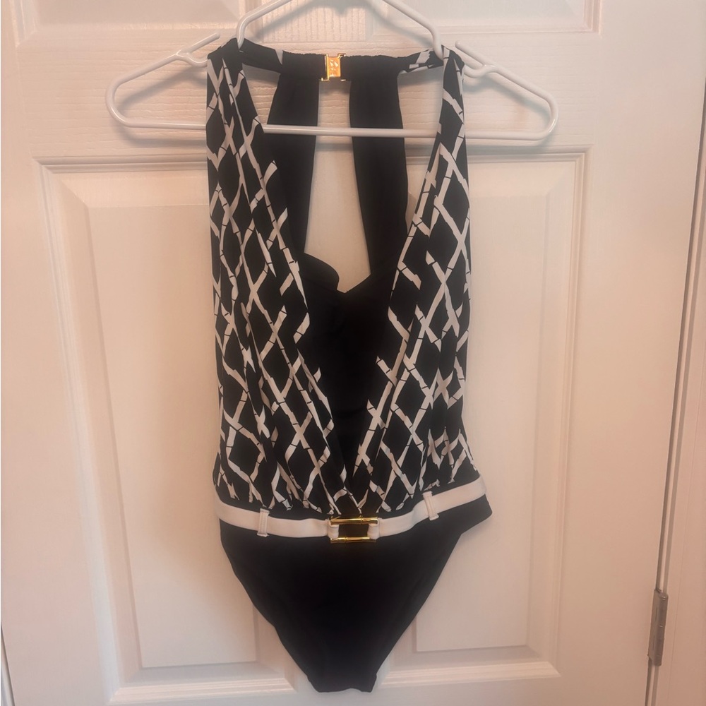 Blue Rod Beattie Navy & White Geometric One-Piece Swimsuit with Gold Accent